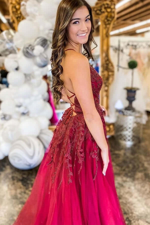 Burgundy Tulle A-line Lace Up Back Thigh Slit Prom Dresses, Evening Gown, SP763 | lace prom dresses | tulle prom dresses | long formal dresses | www.simidress.com