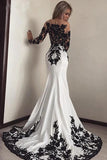 Chic White Satin Black Lace Mermaid Prom Dresses, Long Formal Dresses, SP887