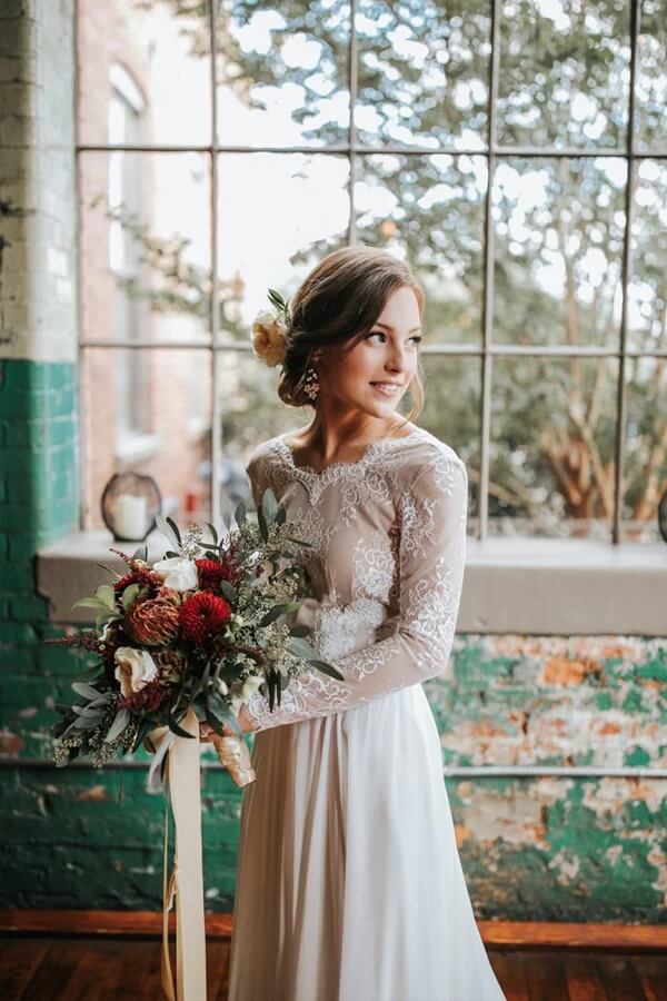 Chiffon A-line Long Sleeves Open Back Lace Wedding Dress, Bridal Dress, SW600 | champagne wedding dresses | beach wedding dresses | lace wedding dresses | simidress.com