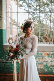 Chiffon A-line Long Sleeves Open Back Lace Wedding Dress, Bridal Dress, SW600 | champagne wedding dresses | beach wedding dresses | lace wedding dresses | simidress.com