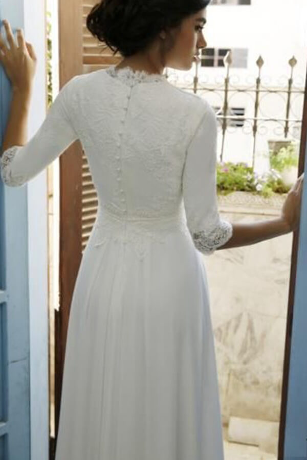 Chiffon Half Sleeves Round Neck Lace Wedding Dresses, Bridal Gown, SW612 | half sleeves wedding dresses | beach wedding dress | vintage wedding dress | simidress.com