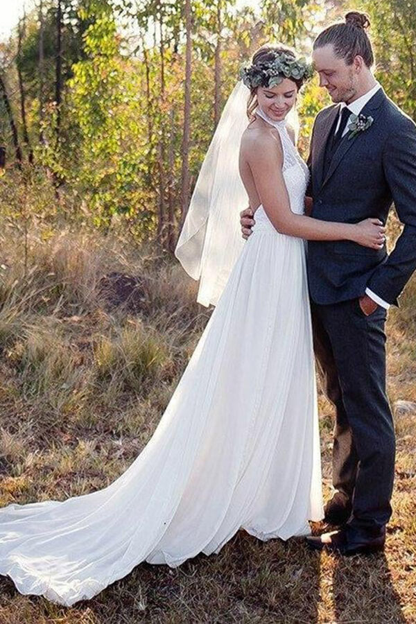 Chiffon Lace A-line Halter Backless Sweep Train Wedding Dress, Bridal Gown, SW477 | cheap lace wedding dresses | bridal gowns | a line wedding dress | www.simidress.com