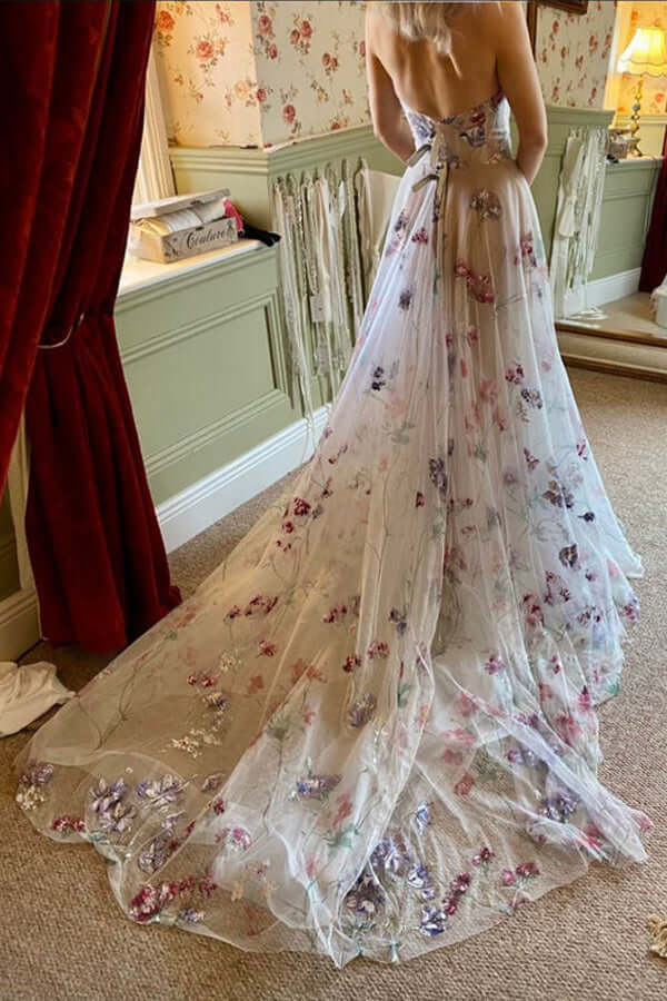 Colorful Tulle A-line Sweetheart Appliqued Long Prom Dresses With Split, SP785 | a line lace prom dresses | evening gowns | long formal dresses | www.simidress.com