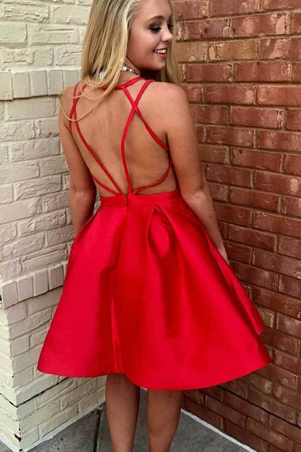 Cute Red Satin A-line V-neck Spaghetti Straps Short Homecoming Dresses, SH597 | satin homecoming dresses | short party dresses | graduation dresses | simidress.com