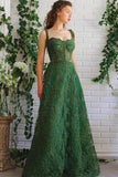 Dark Green Tulle Lace A-line Spaghetti Straps Prom Dresses, Evening Dress, SP773