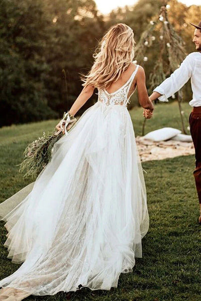 lace wedding dress flowy Floral Lace and Tulle Dreamy Boho Wedding Dress