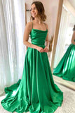 Green Silk Satin A-line Cowl Neck Prom Dresses With Slit, Evening Dresses, SP949