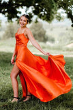 Green Silk Satin A-line Cowl Neck Prom Dresses With Slit, Evening Dresses, SP949 | orange prom dress | prom dresses near me | long formal dress | simidress.com