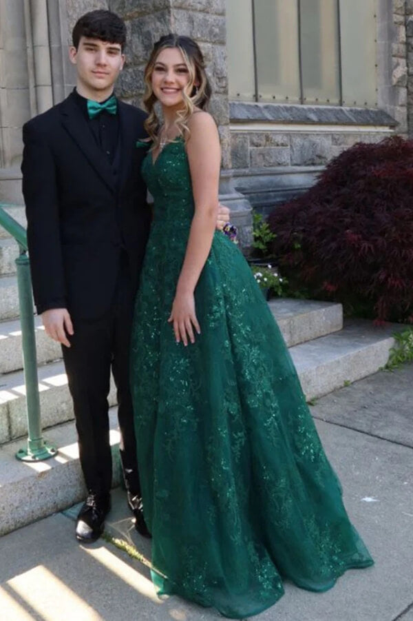 Green Tulle Lace A-line V-neck Floor Length Prom Dresses, Evening Dresses, SP956 | evening long dress | prom dress stores | lace prom dresses | simidress.com