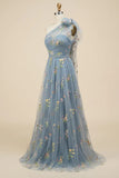 Grey Blue A-line Floral Embroidery One Shoulder Prom Dresses, Evening Gown, SP847 | cheap prom dresses online | evening dresses | long formal dresses | simidress.com