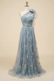 Grey Blue A-line Floral Embroidery One Shoulder Prom Dresses, Evening Gown, SP847