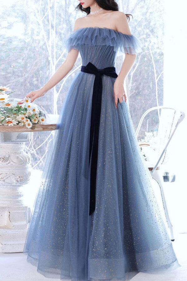 Grey Blue Tulle A-line Off Shoulder Prom Dresses, Long Formal Dresses, SP788 | vintage prom dresses | evening dresses | blue prom dresses | www.simidress.com