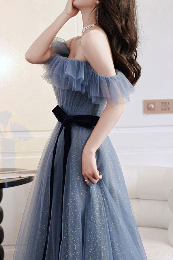 Grey Blue Tulle A-line Off Shoulder Prom Dresses, Long Formal Dresses, SP788 | a line prom dress | floor length prom dress | cheap long prom dresses | www.simidress.com