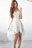 White High Low Short Prom Dress,Sweetheart Spaghetti Hollow Homecoming Dress