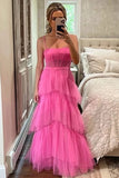 Hot Pink Tiered Tulle A-line Floor Length Prom Dresses, Evening Dresses, SP832