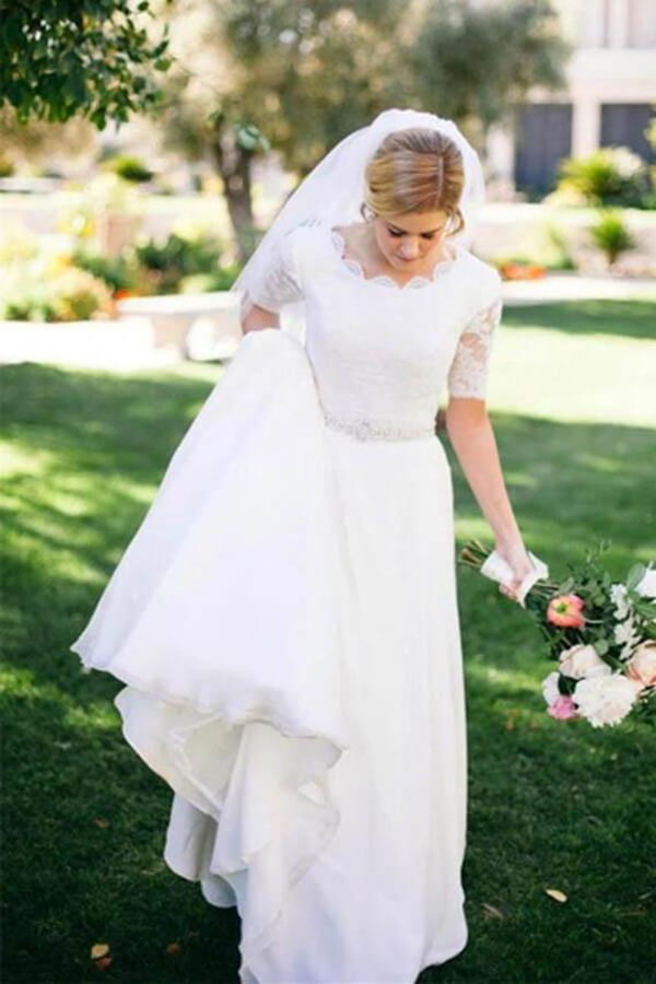 Ivory A-line Half Sleeves Lace Beaded Wedding Dresses, Bridal Gown, SW443 | cheap lace wedding dress | bridal gown | half sleeves wedding dress | www.simidress.com