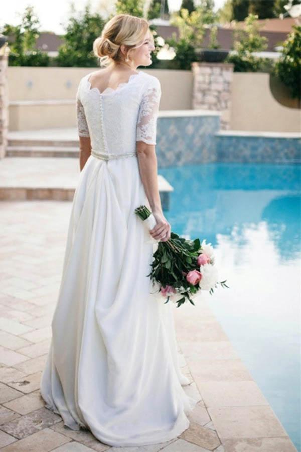 Ivory A-line Half Sleeves Lace Beaded Wedding Dresses, Bridal Gown, SW443 | ivory wedding dress | lace wedding dresses | beach wedding dresses | www.simidress.com