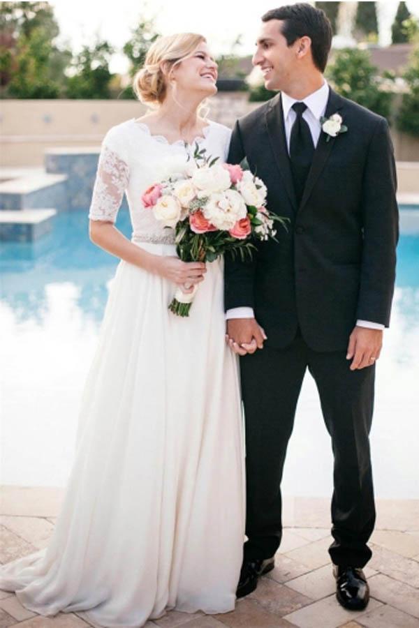 Ivory A-line Half Sleeves Lace Beaded Wedding Dresses, Bridal Gown, SW443 | bridal gowns | wedding dresses online | cheap lace wedding dress | www.simidress.com