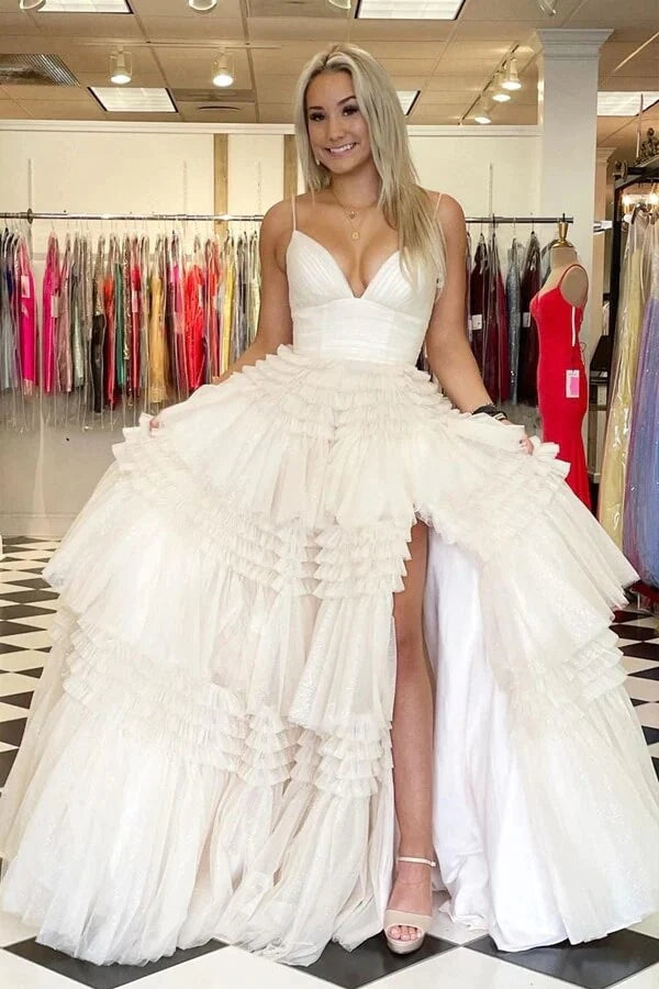 Ivory Ball Gown Tulle Spaghetti Straps V-neck Long Prom Dresses With Slit, SP896 | long formal dresses | evening gown | party dress | simidress.com