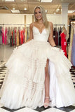 Ivory Ball Gown Tulle Spaghetti Straps V-neck Long Prom Dresses With Slit, SP896