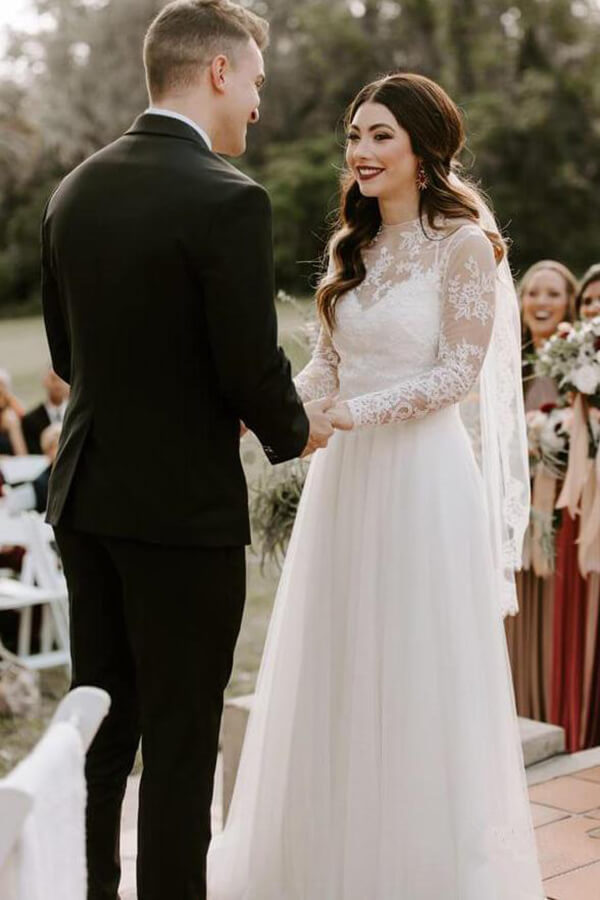 Ivory Bohemian A-line Long Sleeves Lace Wedding Dresses, Bridal Gown, SW446 | cheap lace wedding dress | long sleeve wedding dress | wedding gown | www.simidress.com