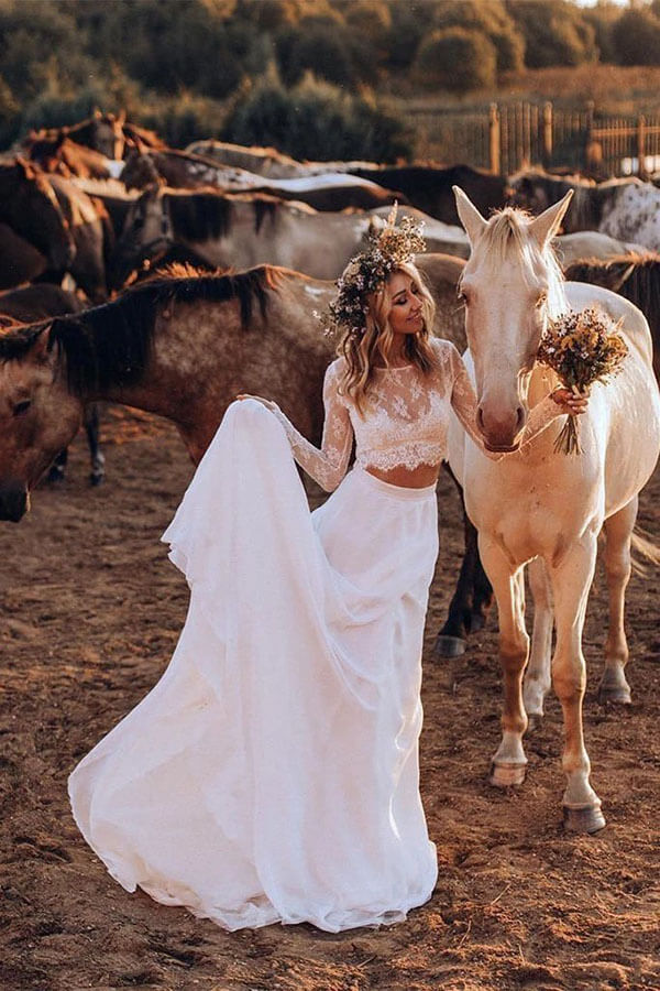 Ivory Boho Lace Two Piece Long Sleeves Chiffon Beach Wedding Dresses, SW414 | ivory wedding dresses | beach wedding dresses | long sleeves wedding dresses | two piece wedding dresses | www.simidress.com