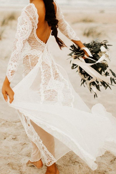 Ivory Lace Boho A-line Long Sleeves Wedding Dresses, SW438
