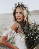 Ivory Rustic Lace Mermaid Illusion Neckline Beach Wedding Dress With Train, SW302 | lace wedding gown | bridal gown | wedding dresses online | simidress.com