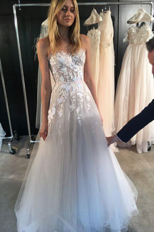 Ivory Tulle A-line Strapless Sweetheart Lace Appliqued Wedding Dresses, SW423 | wedding dresses online | wedding gown | bridal dresses | lace wedding dress | www.simidress.com
