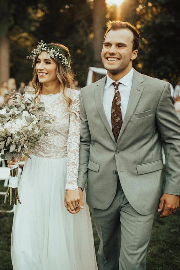 Ivory Tulle Lace A-line Long Sleeves Wedding Dresses With Sweep Train, SW452 | tulle wedding dress | a line wedding dresses | wedding dress near me | www.simidress.com