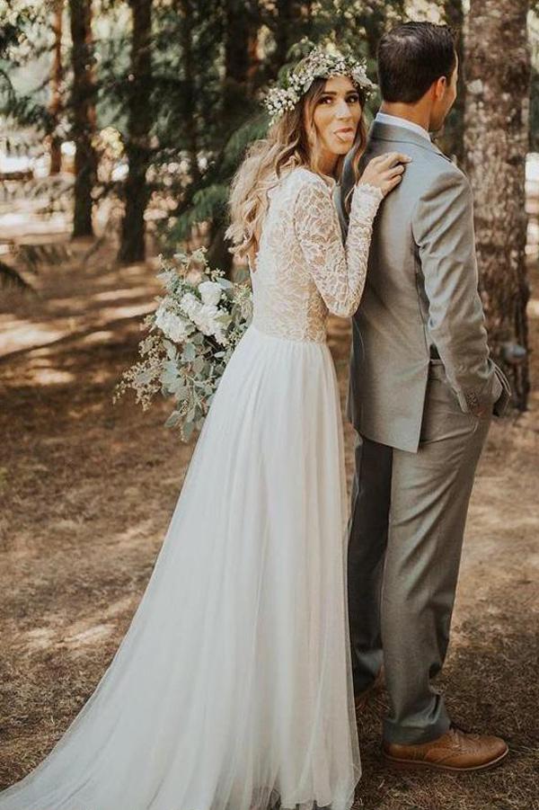 Ivory Tulle Lace A-line Long Sleeves Wedding Dresses With Sweep Train, SW452 | ivory wedding dress | lace wedding dresses | bridal gowns | www.simidress.com
