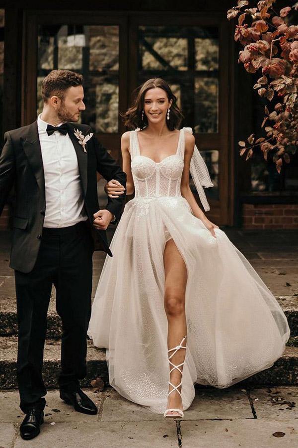 Ivory Tulle Lace A-line Sweetheart Wedding Dresses With Sweep Train, SW533 | sexy wedding dress | a line wedding dresses | summer wedding dresses | www.simidress.com