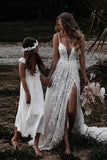 Lace A-line Deep V-neck Spaghetti Straps Wedding Dresses With Side Slit, SW474