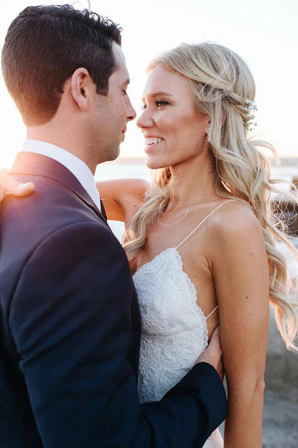 Lace Mermaid Backless Spaghetti Straps V-neck Beach Wedding Dresses, SW512 | cheap lace wedding dress | bridal gown | wedding dresses online | vintage wedding dresses | www.simidress.com