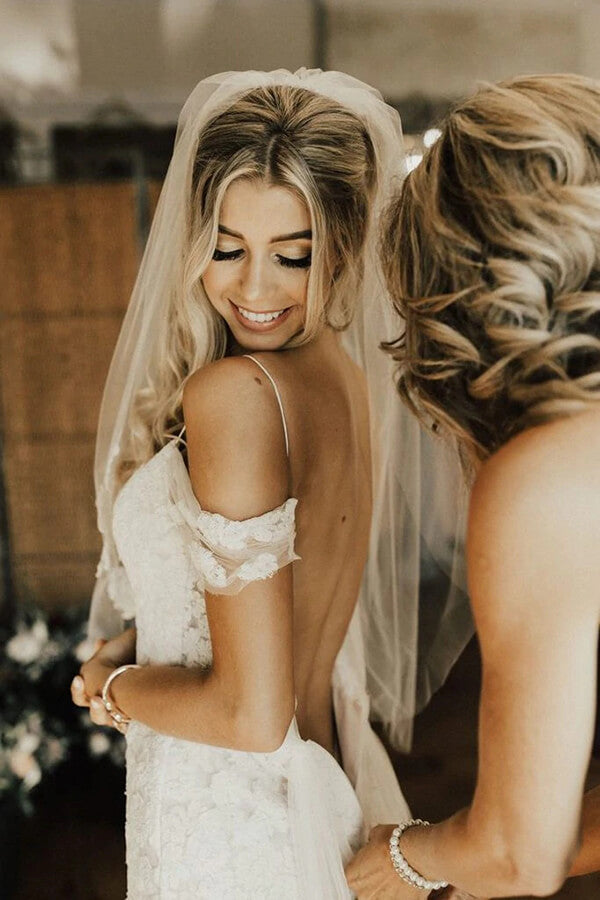 Lace Sheath Off-the-Shoulder Backless Wedding Dresses, Bridal Gowns, SW505 | ivory lace wedding dresses | vintage wedding dresses | wedding dresses online | www.simidress.com