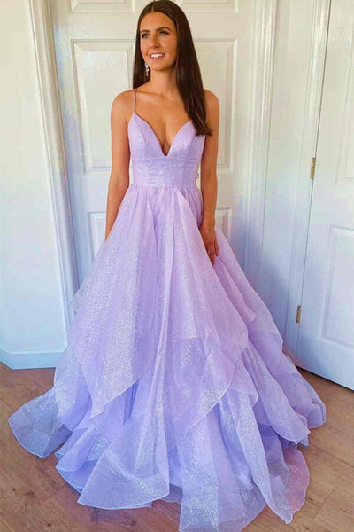 Elegant Purple Tulle A Line V Neck Beaded Floor Length Long Prom Dress –  Simidress