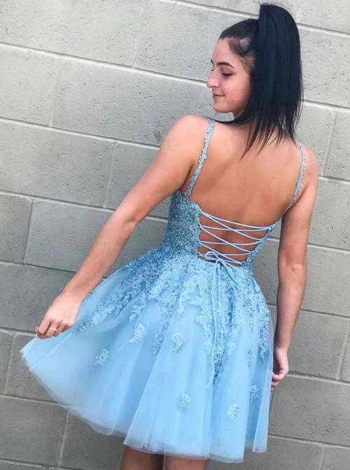 Light Blue Lace A-line V-neck Homecoming Dresses, Graduation Dress, SH557