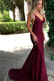 Burgundy Lace Long Prom Dresses, V Neck Spaghetti Strap Long Evening Dress, M122