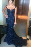 Blue Mermaid Straps Sequined Long Prom Dresses with Sweep Train, M138