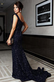 Blue Mermaid Straps Sequined Long Prom Dresses with Sweep Train, M138