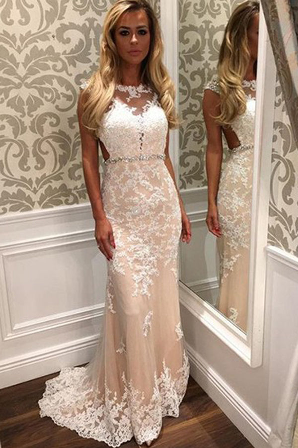New Sheath Column Lace Backless Tulle Prom Dress With Appliques, M152