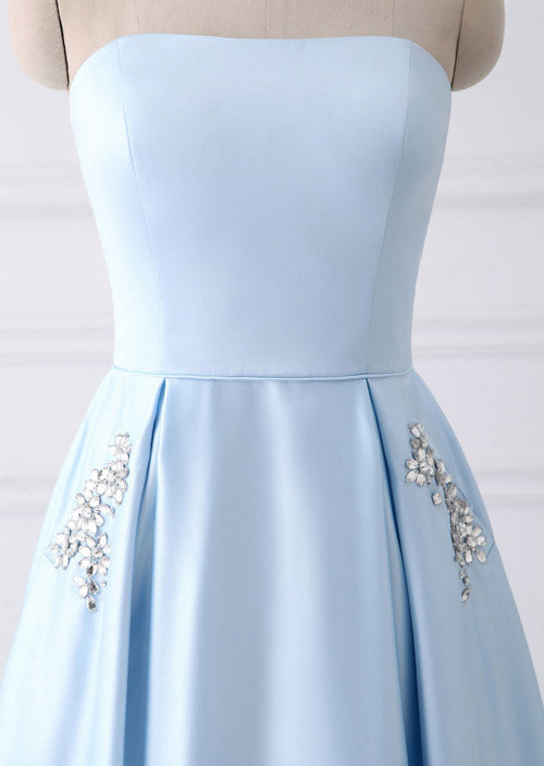 Blue Cheap A-line Strapless Simple Long Prom Dresses with Pocket from simidress.com