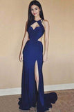 Blue Backless Chiffon Long Evening Dress with Slit,Long Prom Dress, M171