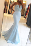 Light Blue Sweetheart Neck Beaded Bodice Mermaid Prom Dresses, M190