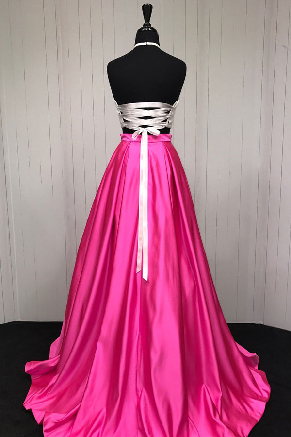Two Piece A-line Princess Halter Simple Cheap Long Prom Dresses at simidress.com