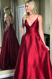 Burgundy Satin Cheap V-neck Formal Spaghetti Strap Long Prom Dresses, M206