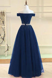 Find Tulle Navy Blue Off the Shoulder Long Prom Dress, Evening Dress, M214 at www.simidress.com