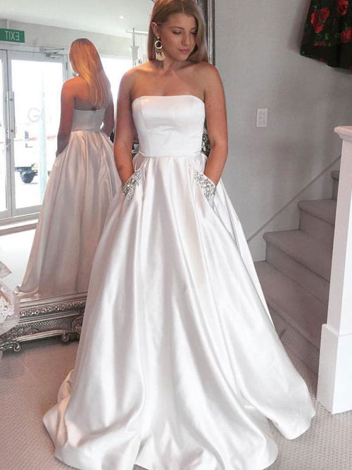 Sky Blue Satin A-line Strapless Long Prom Dresses with Rhinestone Beading at simidress.com