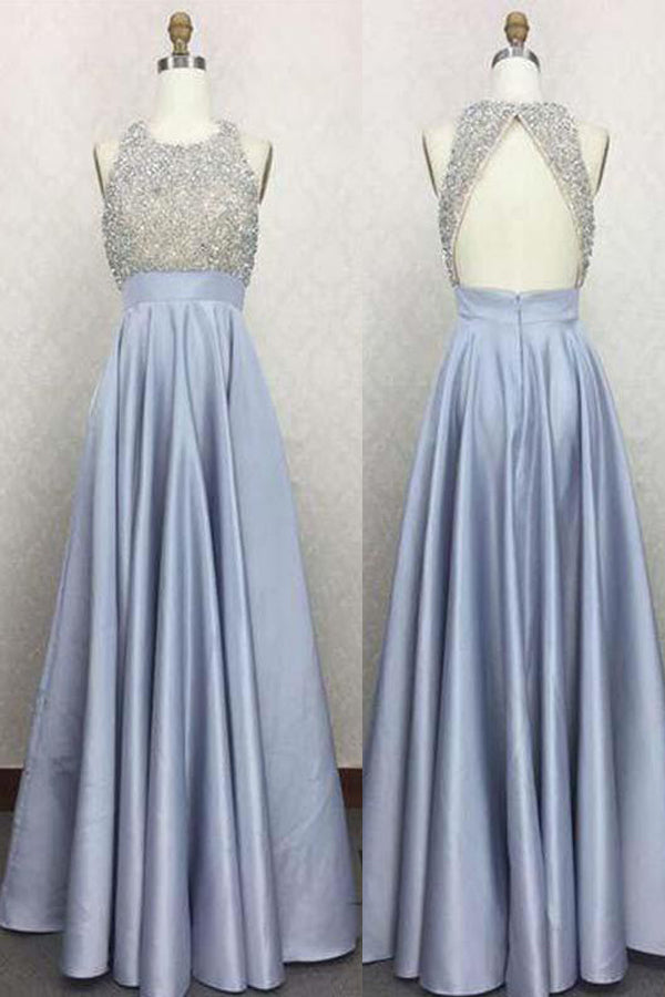 Shinny Top Beading Open Back High Neck A-Line Long Prom Dress, M235