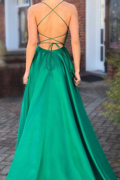 blue dress for baby girl Long Satin V-Neck Prom Dresses Backless Evening Gowns main image 1